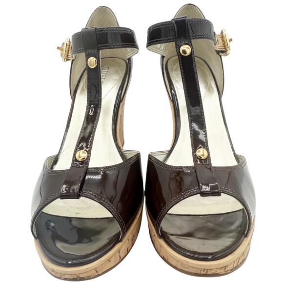 Guess Platform Cork Wedge Strappy Sandal Heels in Brown Patent Leather Size 10 - Picture 3 of 10
